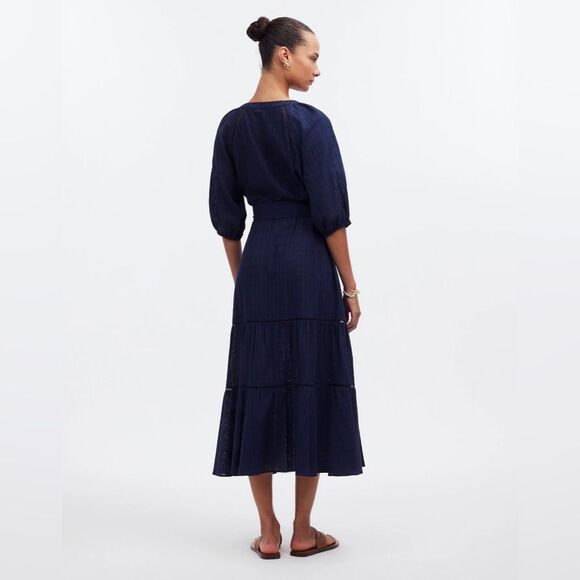 Madewell NWT Tie-Waist Tiered Midi Dress Size 0 in Windowpane Navy - Picture 4 of 12